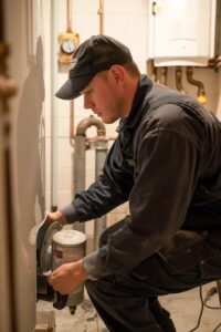 Technician performing a water heater flush in a Houston home's utility room