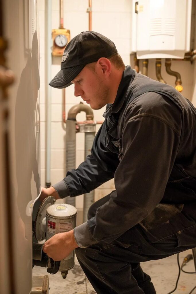 Technician performing a water heater flush in a Houston home's utility room