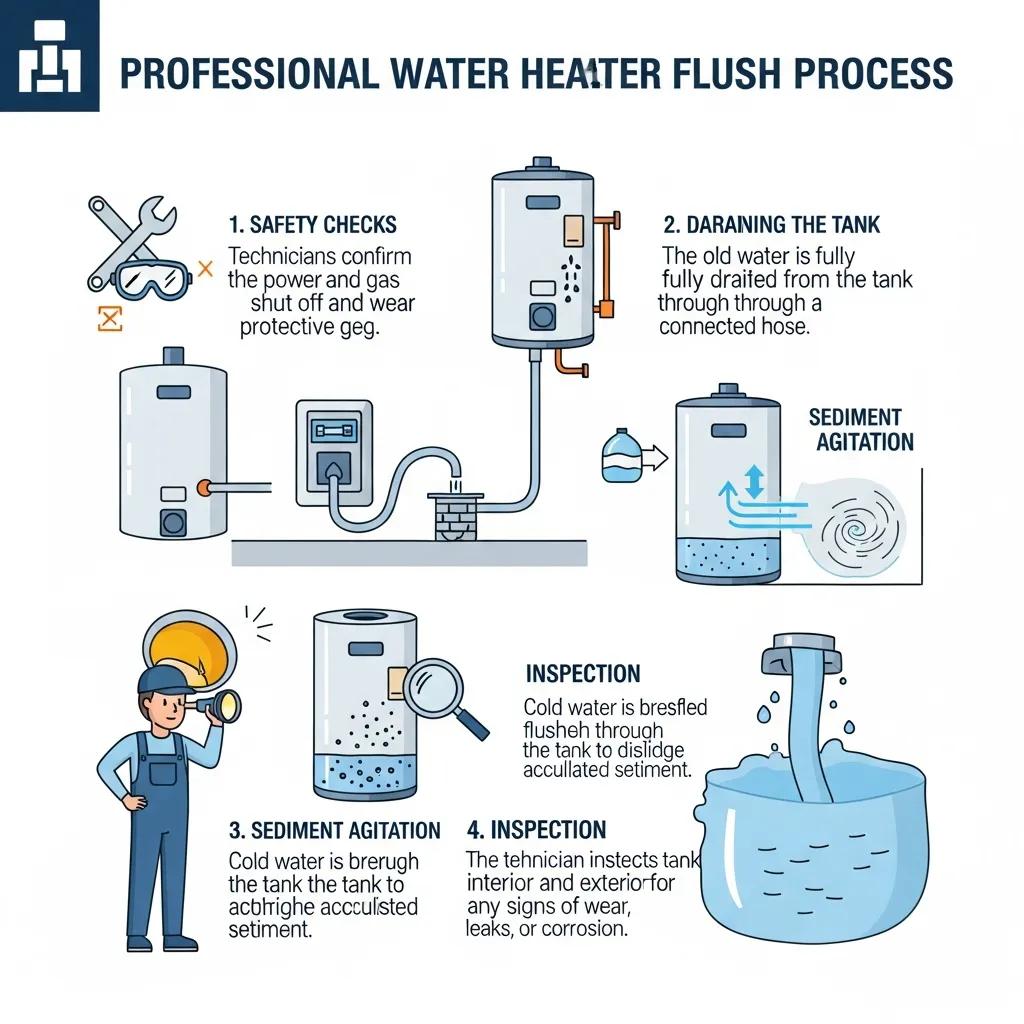 Diagram-style visual of the professional water heater flush process and safety steps