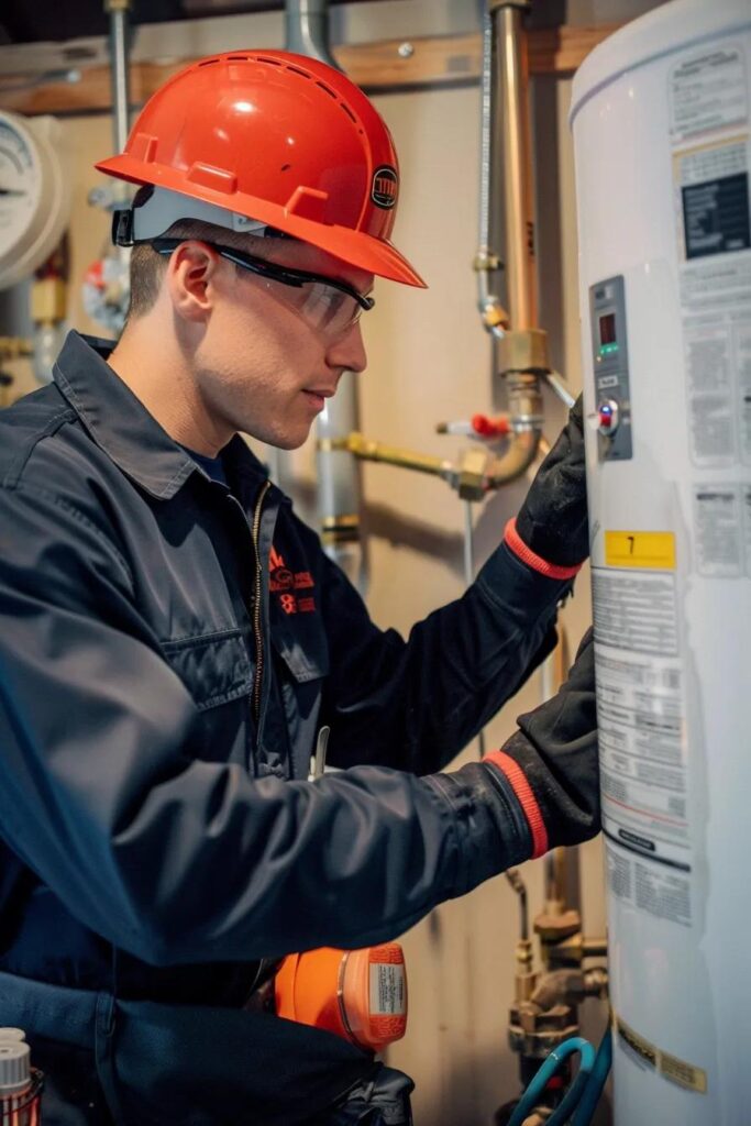 Technician checking a water heater for leaks and unusual noises