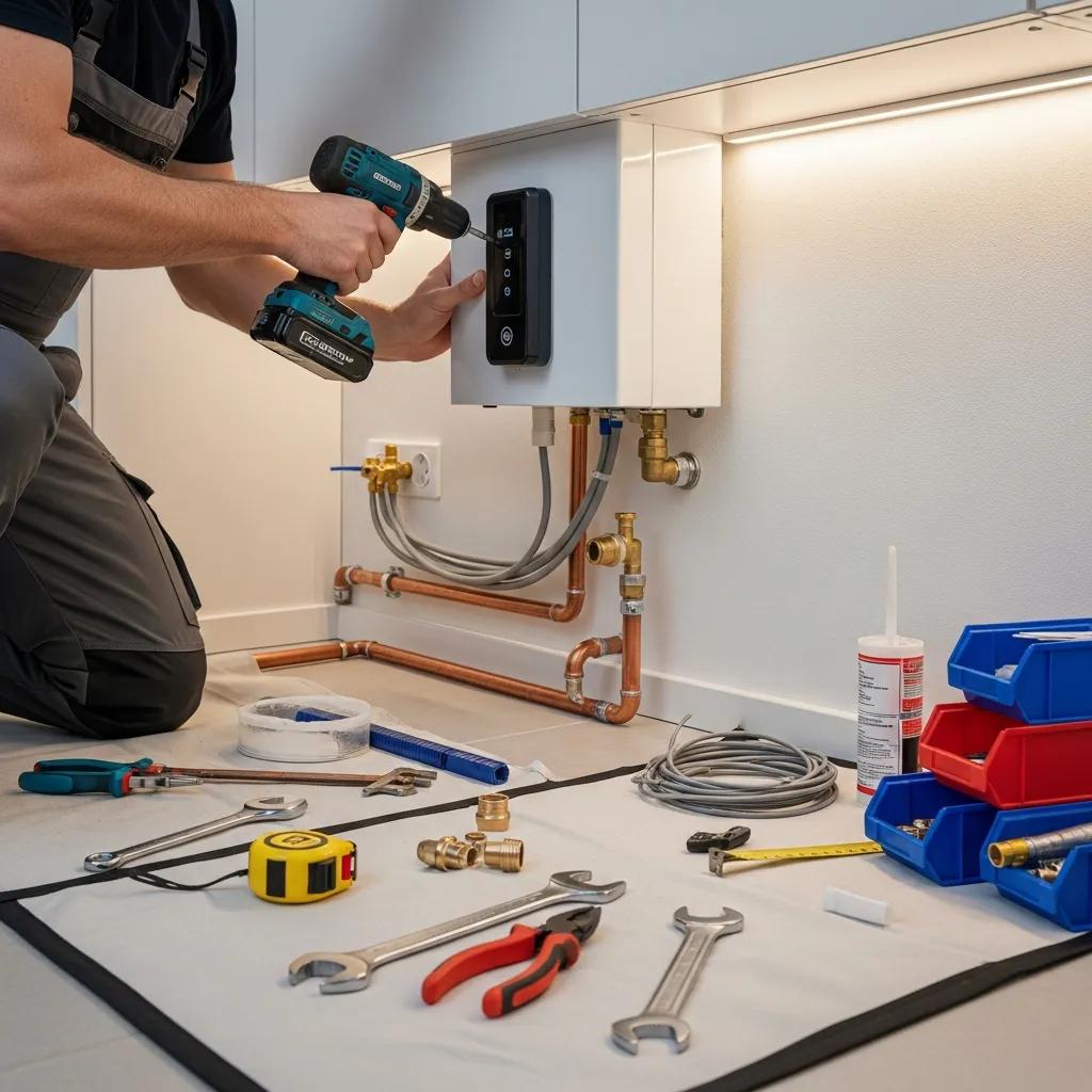 Technician installing a tankless water heater in a modern home