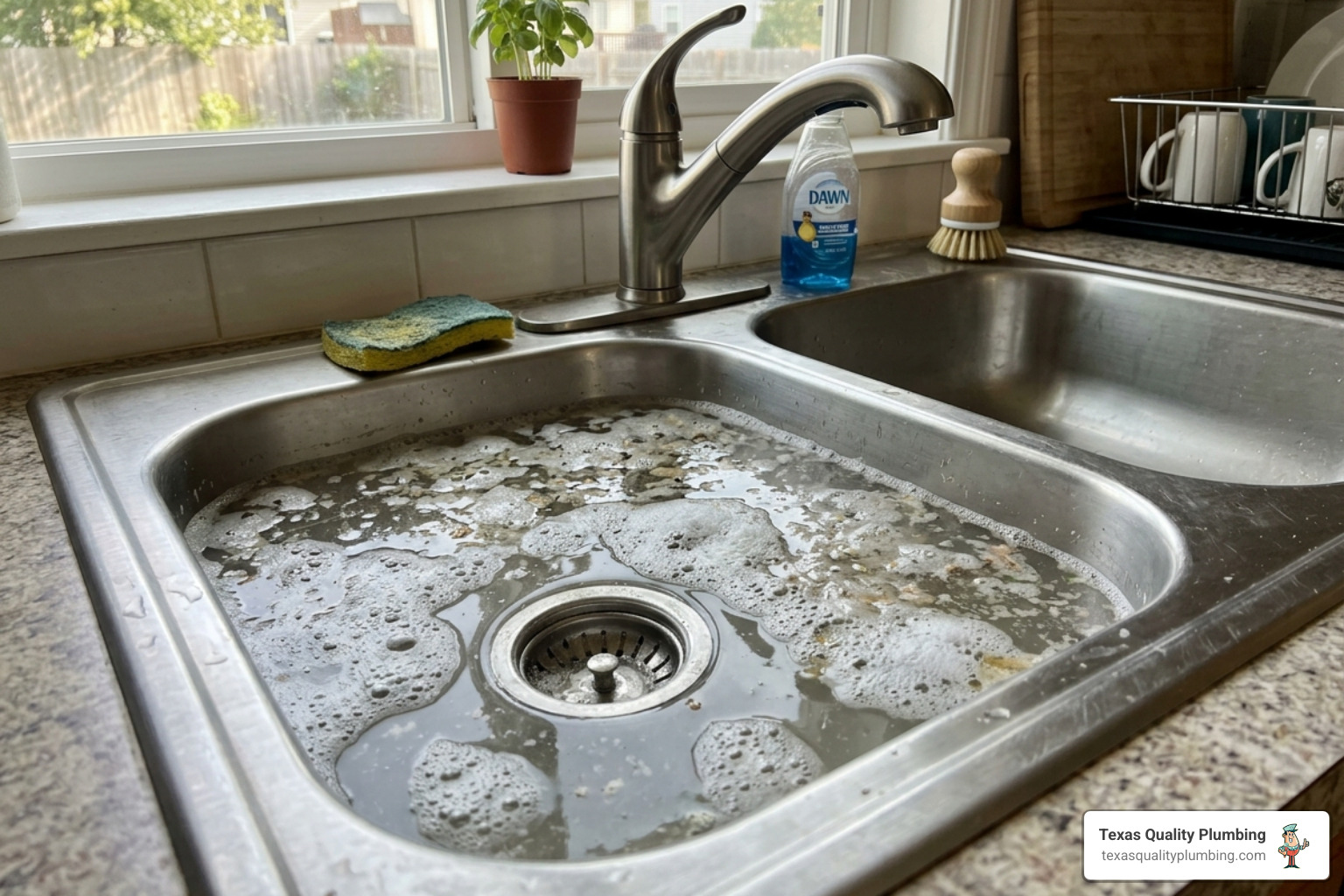 Plumbing Articles 7 slow draining kitchen sink with standing water and soap residue - signs your drains need professional cleaning