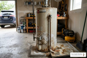 water heater in a Houston home garage with hard water mineral deposits - how regular flushing protects your water heater