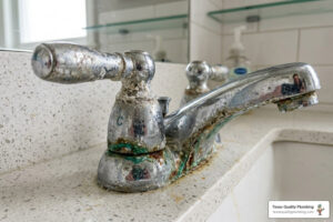 Close-up of corroded bathroom faucet handles with visible mineral buildup - faucet and fixture repair when to fix vs replace