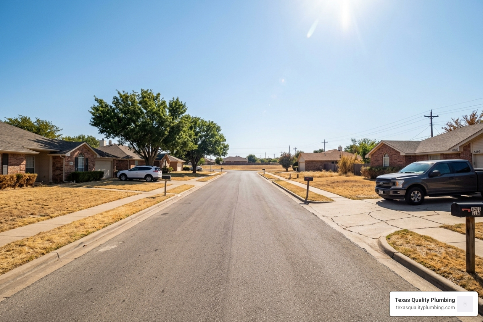 Plumbing Articles 1 Texas residential street scorched by summer heat with sun glare and dry lawns - how texas extreme heat affects your plumbing