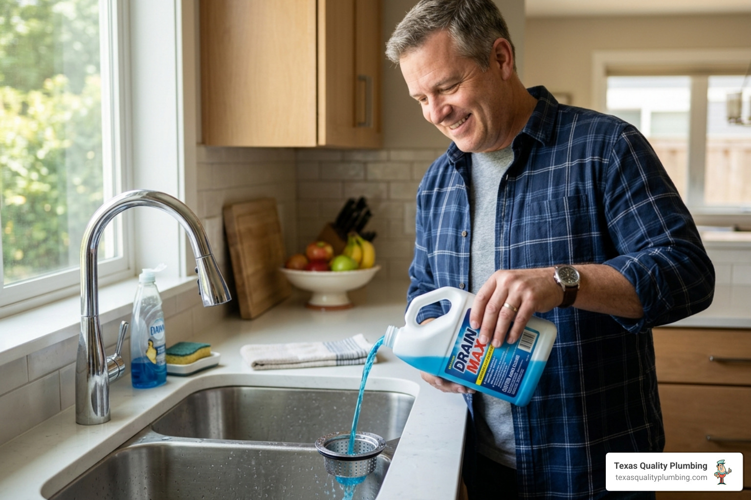 Drain Cleaning Service 17 homeowner pouring chemical drain cleaner into kitchen sink - why chemical drain cleaners damage your pipes over time