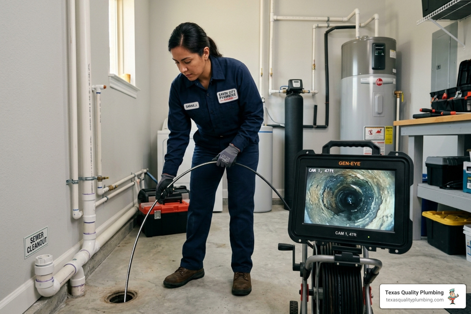 professional plumber using sewer camera inspection equipment in Houston home - how camera inspections guide professional