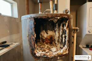 corroded water heater tank with mineral scale buildup Houston home - signs hard water is shortening your water heater life