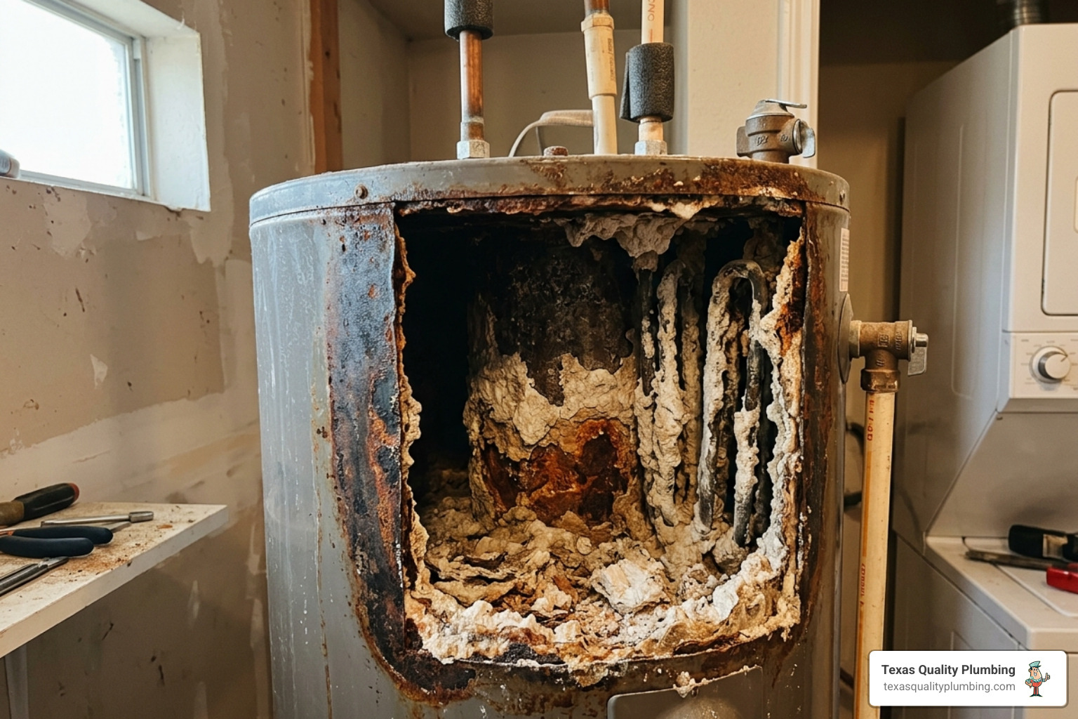 corroded water heater tank with mineral scale buildup Houston home - signs hard water is shortening your water heater life