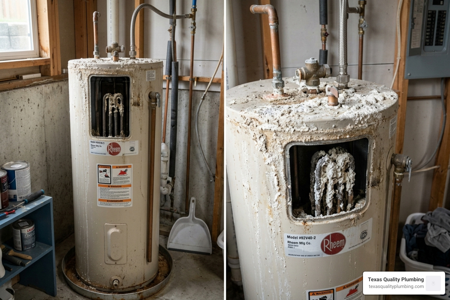 water heater with visible mineral scale buildup in a residential utility room - how hard water reduces your water heater