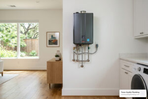 tankless water heater mounted on wall in modern Houston home - is a tankless water heater worth it in texas