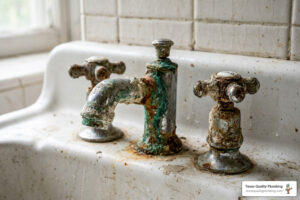corroded vintage bathroom faucet with mineral buildup and rust stains - how outdated fixtures affect water pressure and