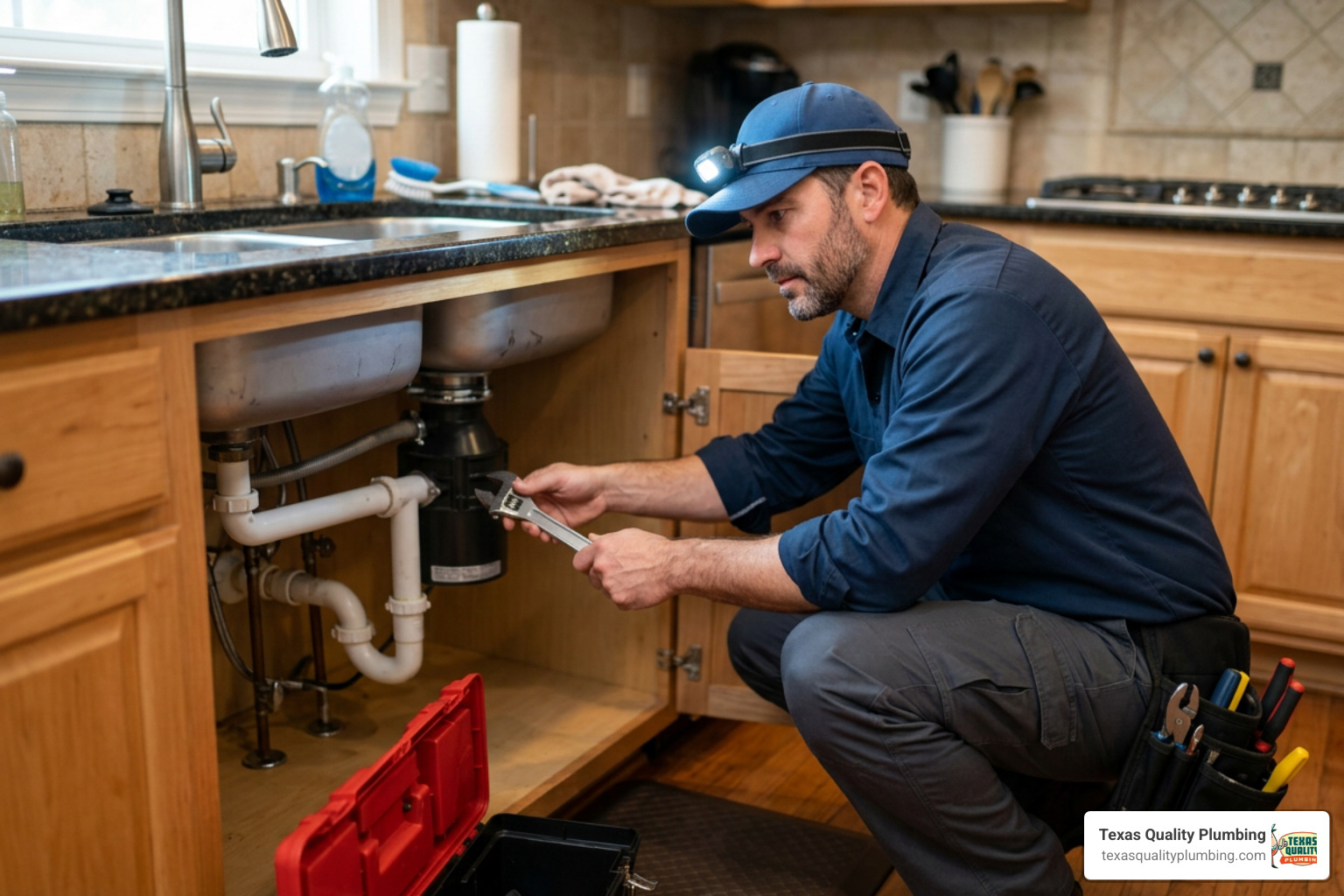 Garbage Disposal Repair & Installation 3 professional plumber inspecting pipes under sink in Houston home