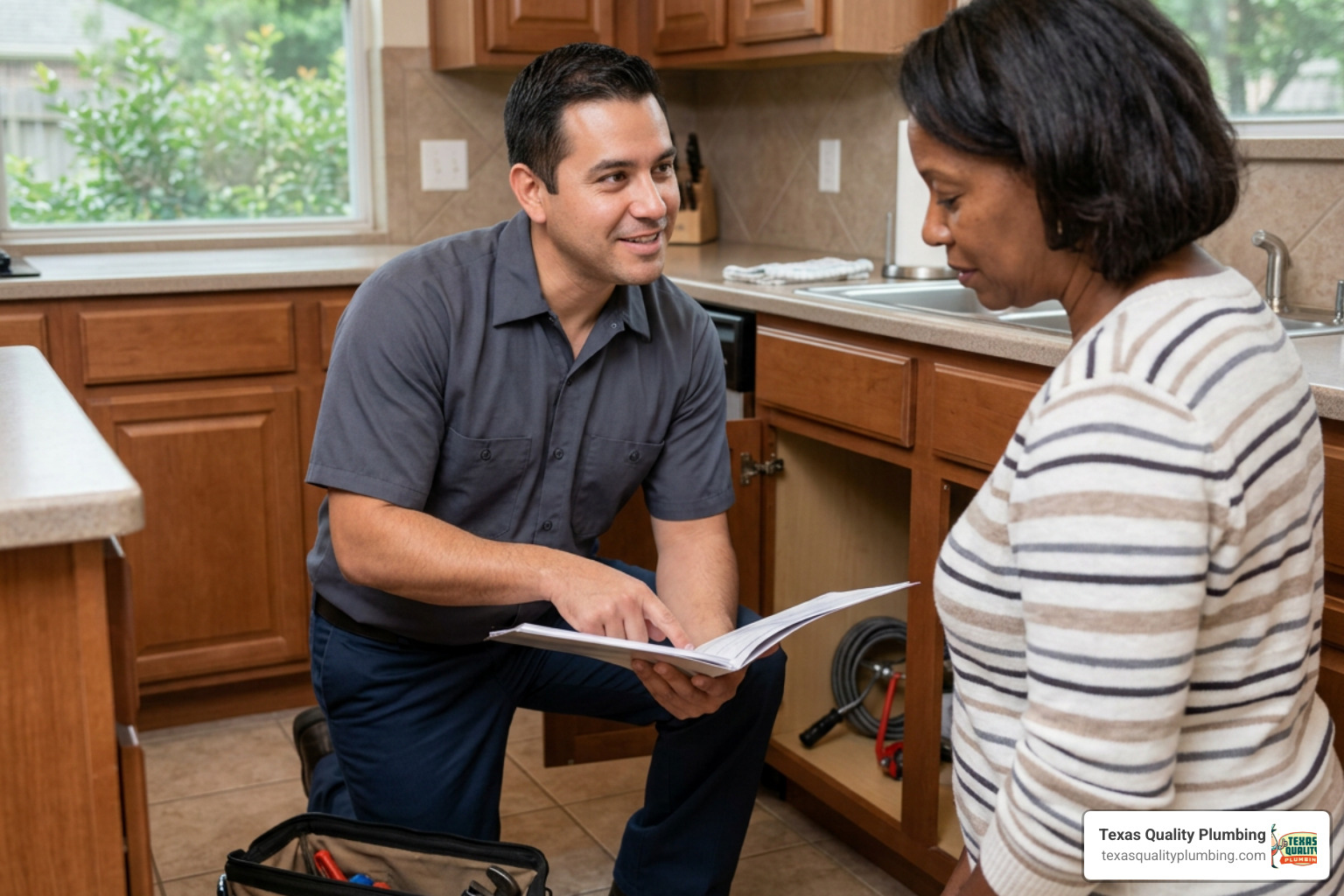 Gas Line Repair & Installation 10 professional plumber in Houston home speaking with homeowner about service plan