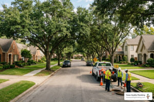 sewer line problems signs and solutions residential Houston street with mature trees - sewer line problems signs and