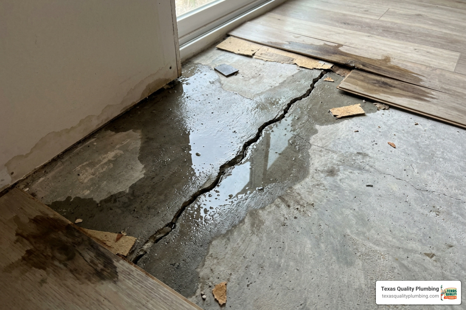 Re-Piping Services 14 cracked concrete slab foundation with visible slab leak water damage