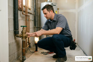 professional plumber inspecting home main water shut-off valve in Houston