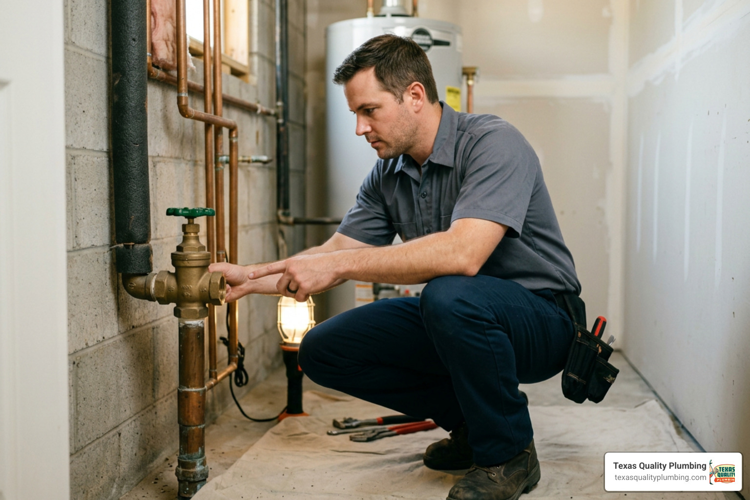 Re-Piping Services 4 professional plumber inspecting home main water shut-off valve in Houston