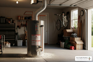 residential water heater in Houston home garage with sediment buildup