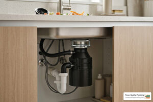 garbage disposal under kitchen sink with food waste and modern kitchen background