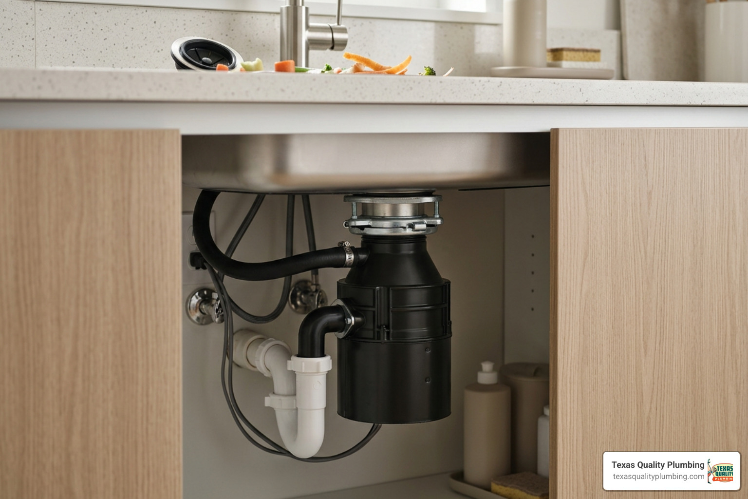 Gas Line Repair & Installation 6 garbage disposal under kitchen sink with food waste and modern kitchen background