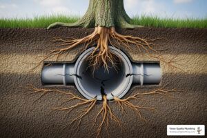 tree roots invading sewer pipe underground cross section view