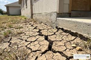 cracked Texas clay soil near a home foundation showing expansive soil damage