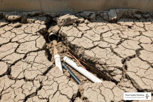 expansive clay soil cracking near Houston home foundation with underground pipes visible